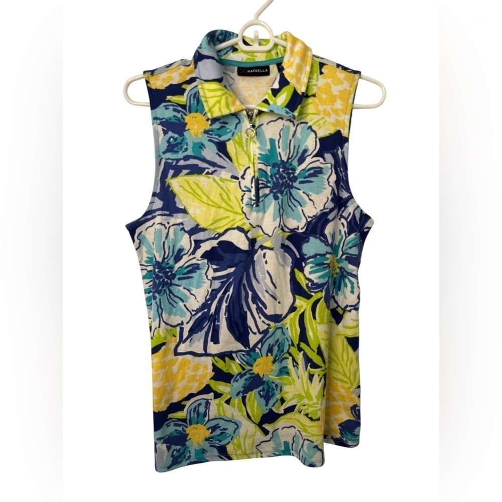 Rafaella Sleeveless Quarter Zip Polo Blue Tropical Hibiscus NWOT